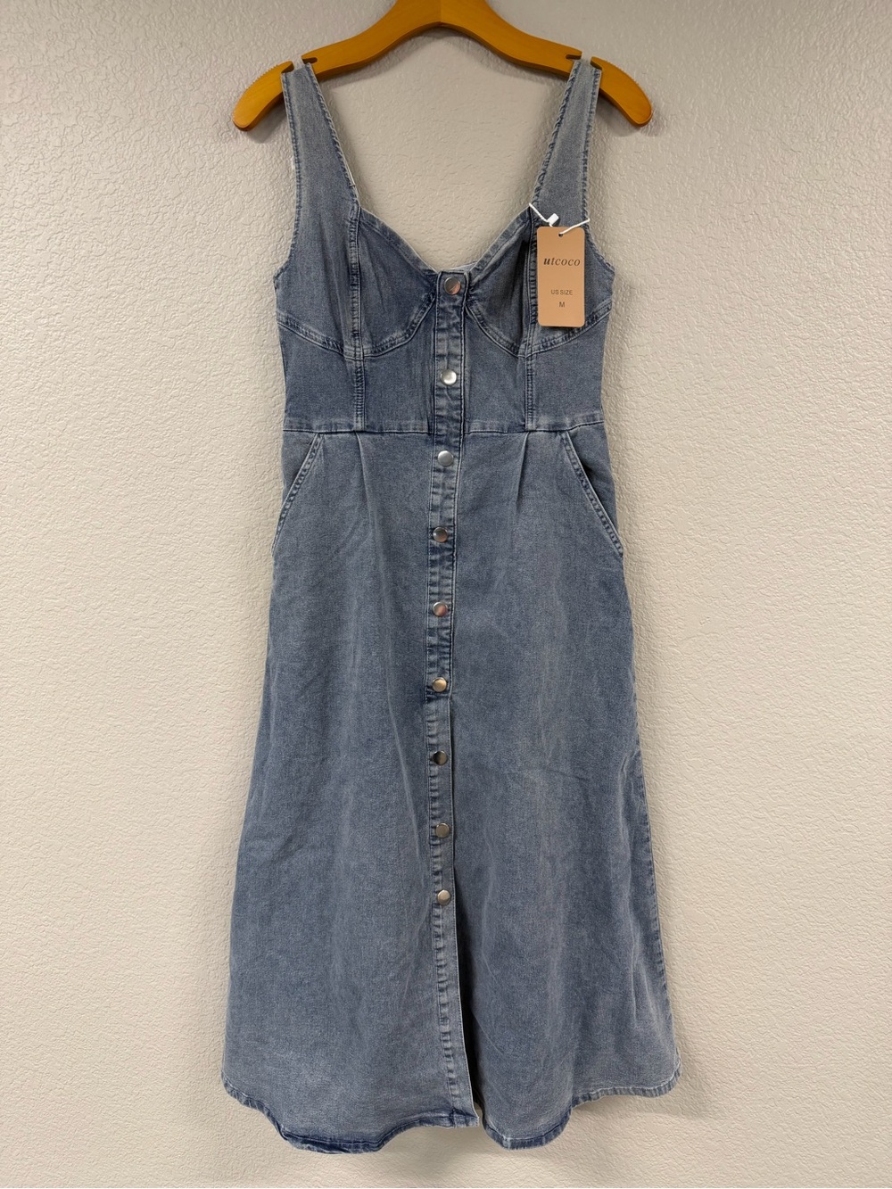Midi Denim Button-Front Dress in Light Blue